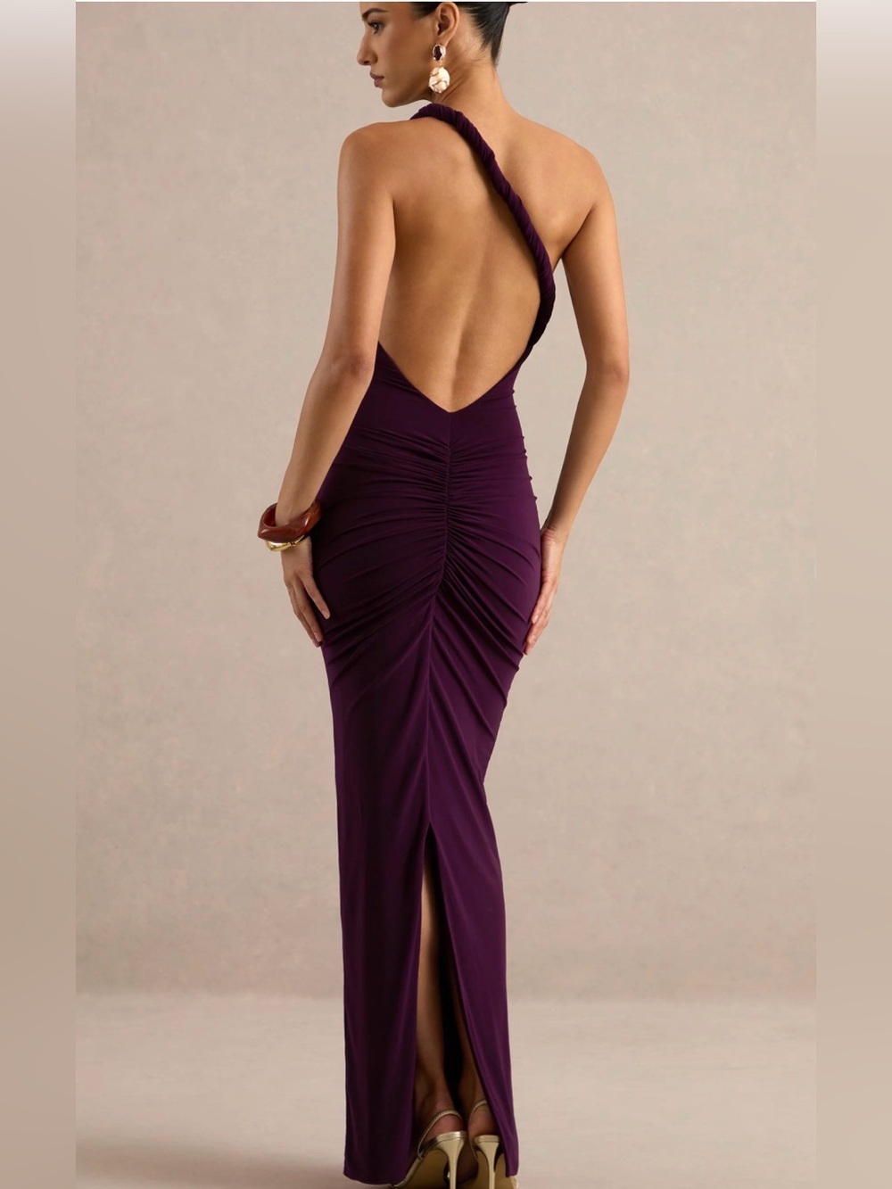 Club L London - INDALIE Plum Asymmetric Backless Maxi Dress Gown NWT 0